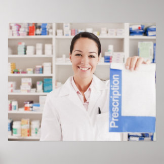 Pharmacist holding prescription in drug store poster