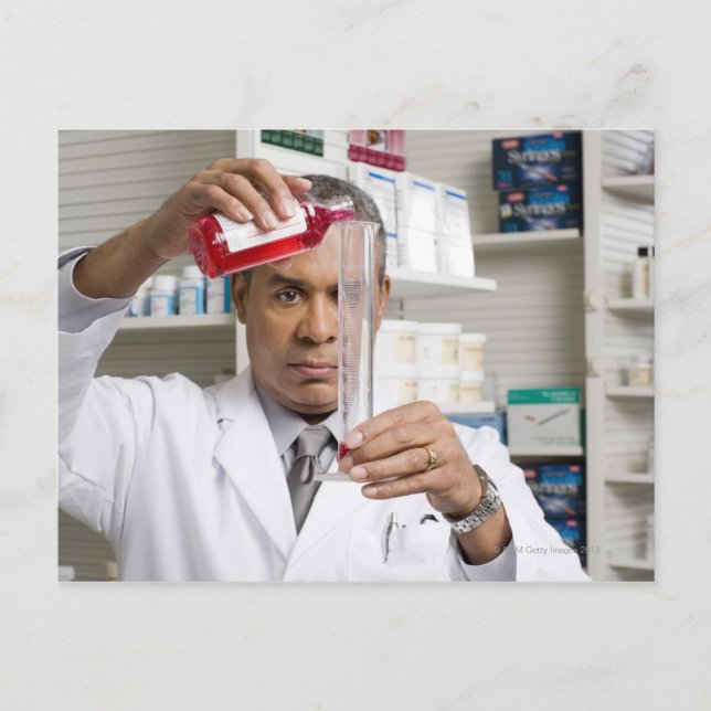 Pharmacist measuring out liquid medicine postcard (Front)
