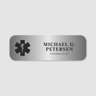 Pharmacist name title pharmacy  silver magnetic tag