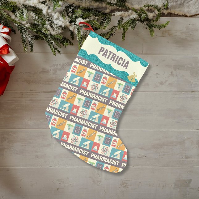 Pharmacist Occupation | Faux Teal Glitter Small Christmas Stocking (Creator Uploaded)