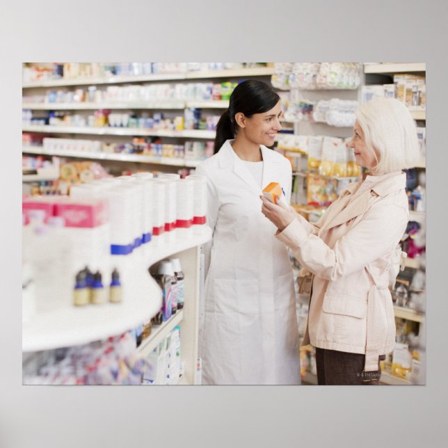 Pharmacist talking to customer in drug store poster (Front)