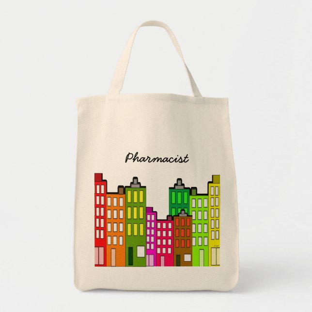 Pharmacist Tote Whimsical Retro Buildings Art (Front)