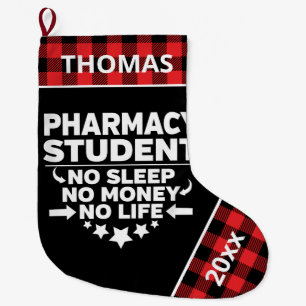 Pharmacy College Student No Life Money Red Plaid Large Christmas Stocking