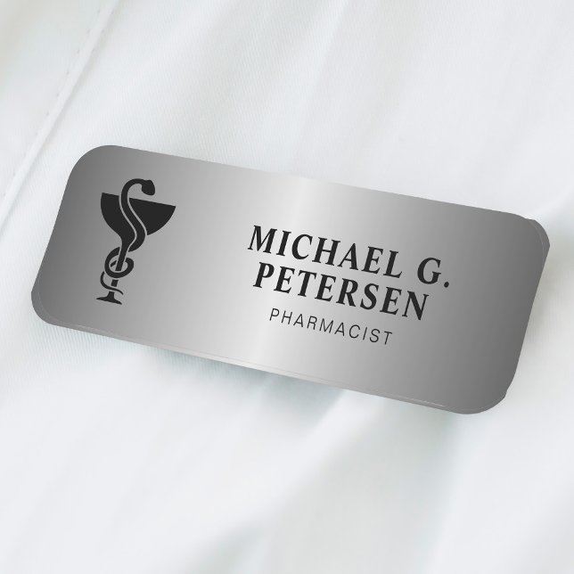 Pharmacy employee name title silver magnetic tag (Creator Uploaded)