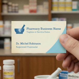 Pharmacy Mortar Pestle Logo Chemist - Cream Blue Business Card