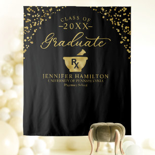 Pharmacy School Graduation Backdrop Black and Gold Tapestry