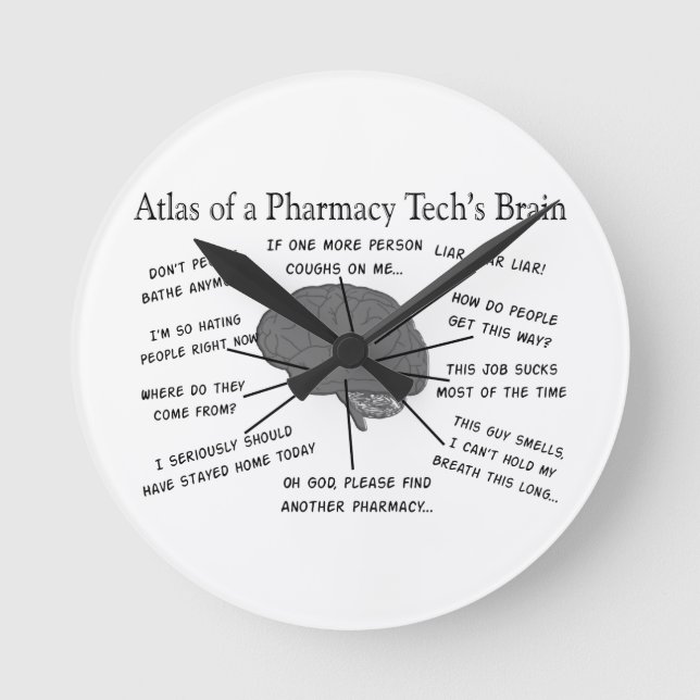 Pharmacy Tech "Atlas of Pharmacy Tech Brain" Round Clock (Front)