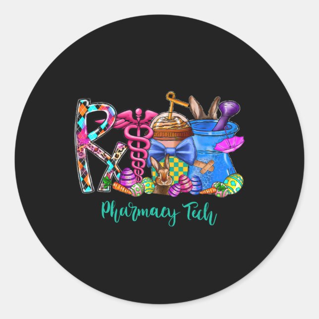 Pharmacy Tech Coffee Bunny Easter Day Pharmacist T Classic Round Sticker (Front)