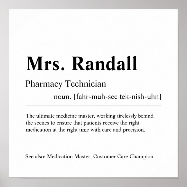 Pharmacy Technician Personalised Gift Poster (Front)