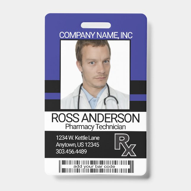 Pharmacy Technician Photo Badge - Blue and Black ID Badge (Front)