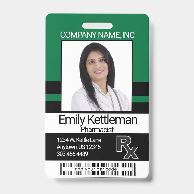 Pharmacy Technician Photo Badge - Green and Black ID Badge (Front)