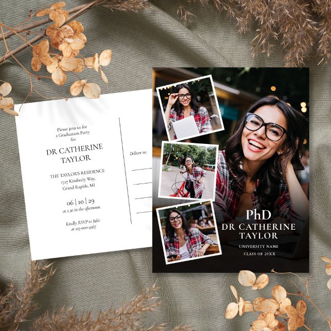 PhD Degree 4 Photo Graduation Party Invitation Postcard (PhD Degree 4 Photo Graduation Party Invitation Postcard)
