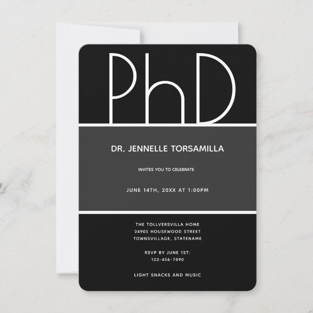 PhD degree Black Grey White Vertical Graduation Invitation (Front)