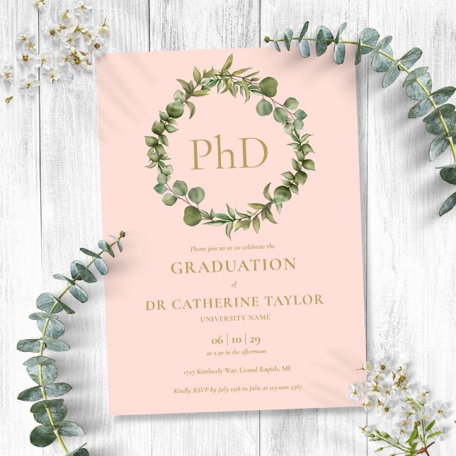 PhD Degree Blush Pink Garland Graduation Invitation (PhD Degree Blush Pink Garland Graduation Invitation)