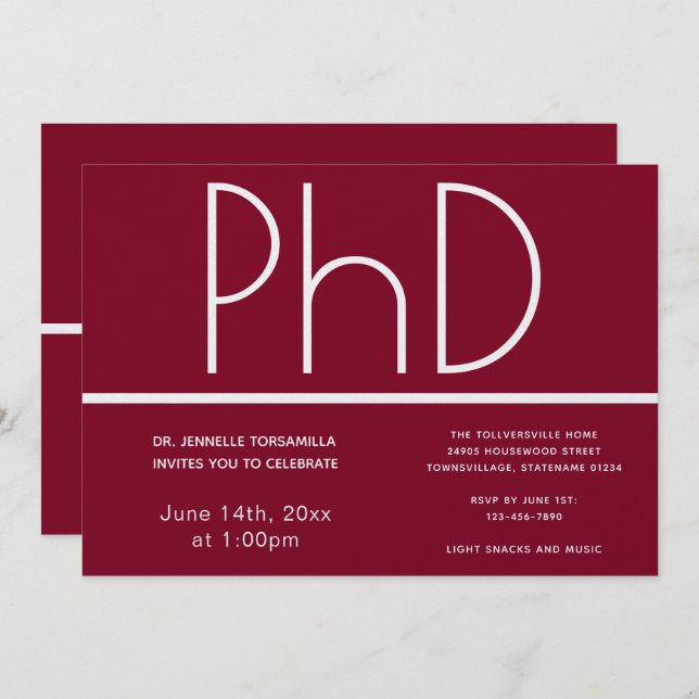 PhD degree Burgundy Graduation Party Invitation (Front/Back)