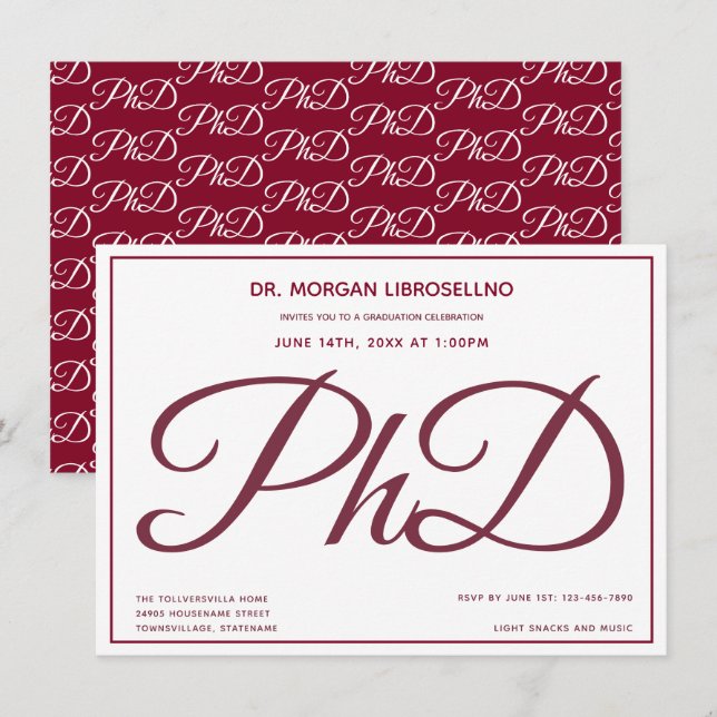 PhD degree Burgundy White Graduation Party Invitation (Front/Back)