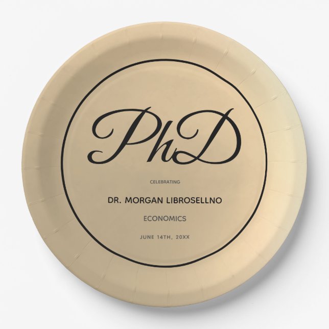 PhD degree Gold Black Graduation Party Paper Plate (Front)