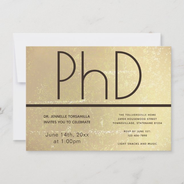 PhD degree Gold Brown Graduation Party Invitation (Front)
