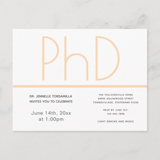 PhD degree Graduation Party Invitation White Postcard (Front)