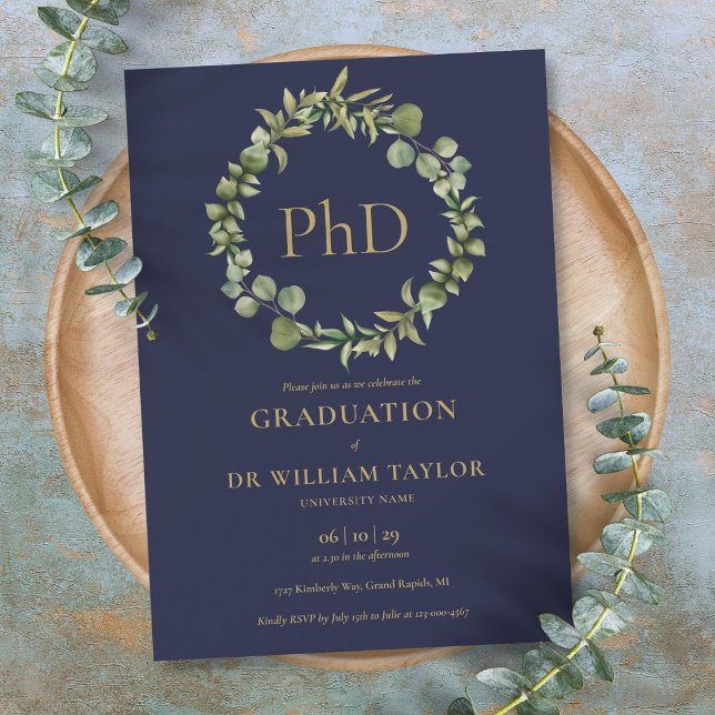 PhD Degree Navy Blue Garland Graduation Party Invitation (PhD Degree Navy Blue Garland Graduation Party Invitation)