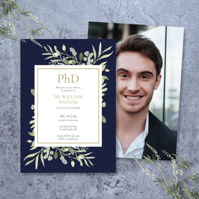 Phd Degree Navy Blue Greenery Photo Graduation Invitation (Phd Degree Navy Blue Greenery Photo Graduation Invitation)