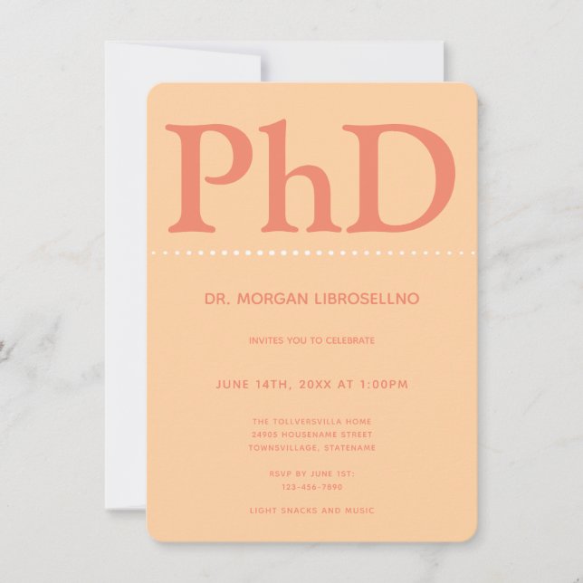 PhD degree Orange Graduation Party Invitation (Front)