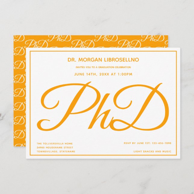PhD degree Orange White Graduation Party Invitation (Front/Back)