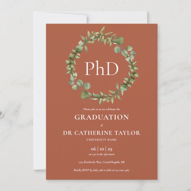 PhD Degree Terracotta Garland Graduation Invitation (Front)