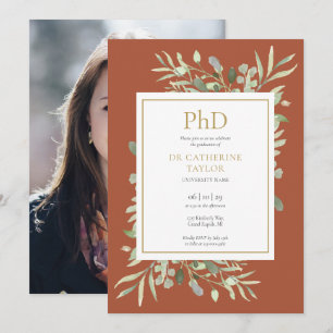 Phd Degree Terracotta Greenery Photo Graduation Invitation