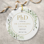 Phd Degree Watercolor Greenery Keepsake Ceramic Tree Decoration<br><div class="desc">Featuring delicate watercolor greenery leaves,  this chic Phd graduation keepsake gift ornament can be personalised with your grads name,  subject and graduation date. Designed by Thisisnotme©</div>
