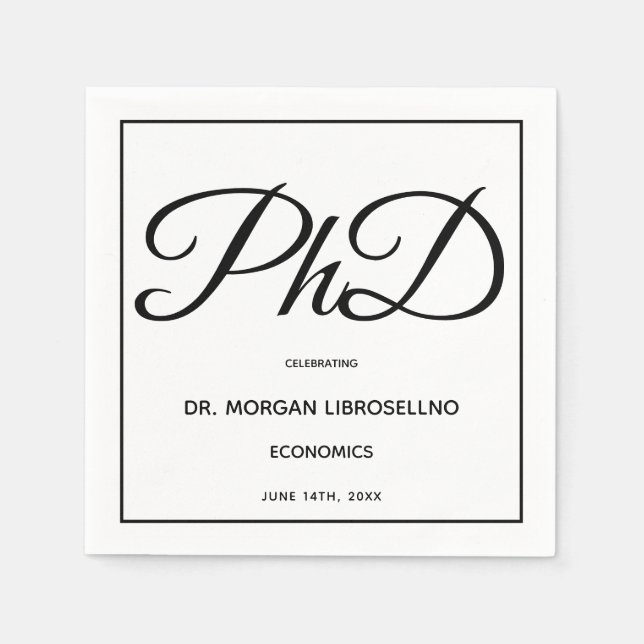 PhD degree White Black Graduation Party Napkin (Front)