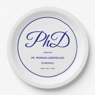 PhD degree White Blue Graduation Party Paper Plate