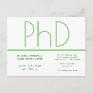 PhD degree White Green Graduation Party Postcard