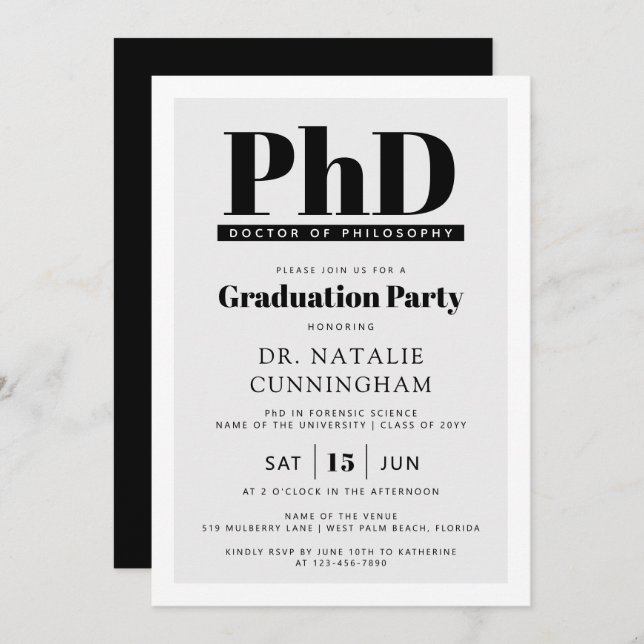 PhD Doctor of Philosophy Doctoral Graduation Invitation (Front/Back)