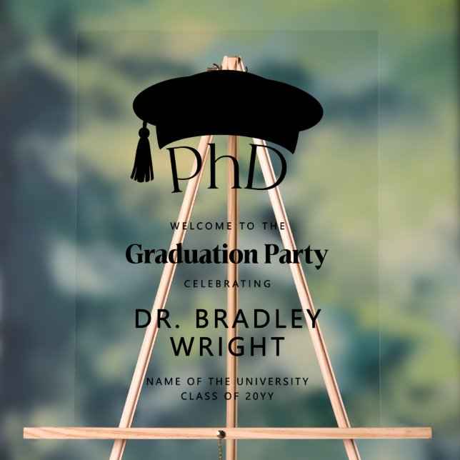 PhD Doctoral Grad Hat Doctoral Graduation Welcome Acrylic Sign (Neutral)