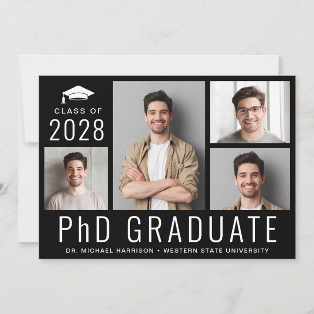 PhD Doctorate 5 Photo Black Graduation Party Invitation (Front)