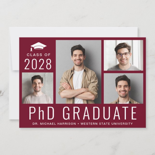 PhD Doctorate 5 Photo Burgundy Graduation Party Invitation (Front)