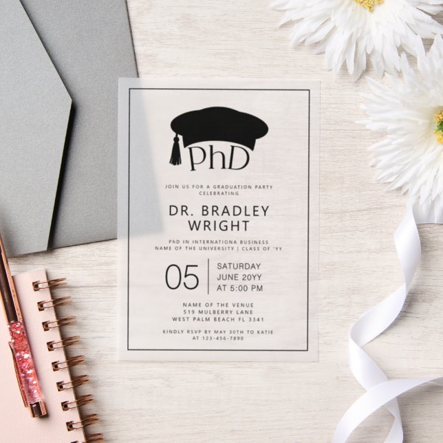Phd Doctorate Hat Doctoral Degree Graduation Vellum Invitations (Wedding)