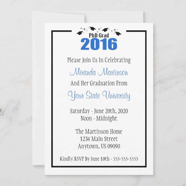 PhD Grad 2016 Graduation Invitation (Blue Caps) (Front)