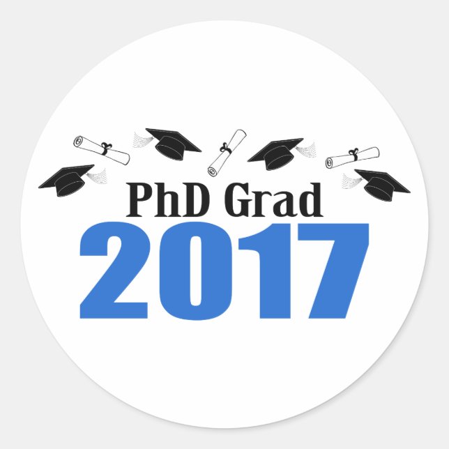 PhD Grad 2017 Caps And Diplomas (Blue) Classic Round Sticker (Front)