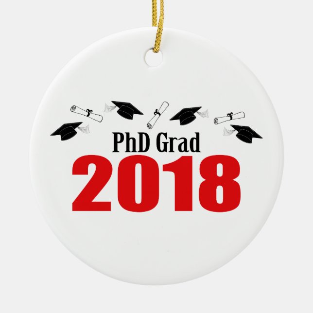 PhD Grad 2018 Caps And Diplomas (Red) Ceramic Tree Decoration (Front)