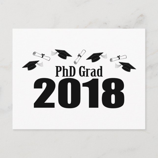 PhD Grad 2018 Postcard Party Invite (Black Caps) (Front)
