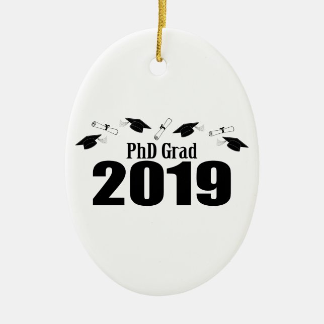 PhD Grad 2019 Caps And Diplomas (Black) Ceramic Tree Decoration (Front)