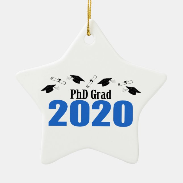 PhD Grad 2020 Caps And Diplomas (Blue) Ceramic Tree Decoration (Front)