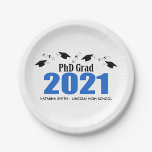 Phd Grad 2021 Graduation Caps & Diplomas (Blue) Paper Plate