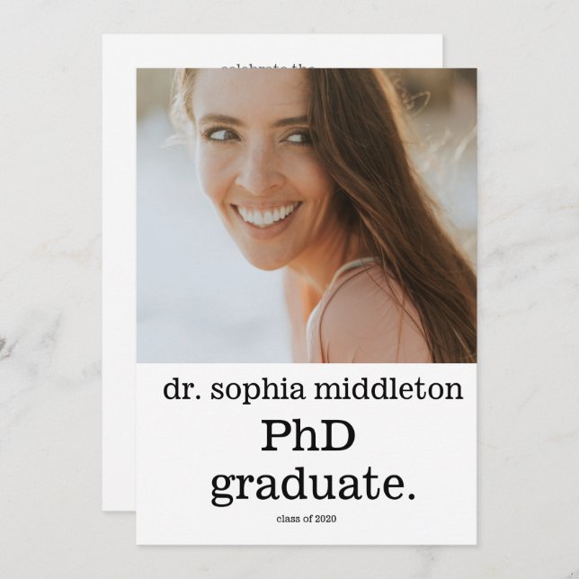 PhD Graduate Simple Photo Modern Font Invitation (Front/Back)