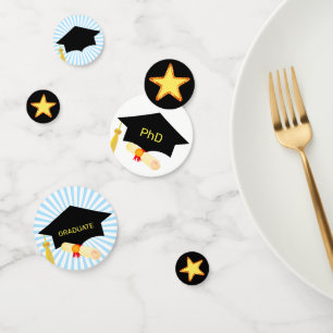 PhD Graduation Stars on Black. Blue & White Confetti