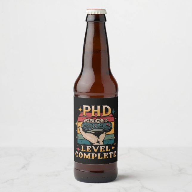 PhD Level Complete Graduation Doctorate Gaming Beer Bottle Label (Front)
