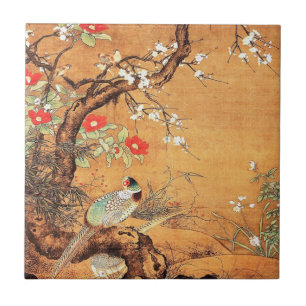Pheasant and camellia oriental chinese ink art tile