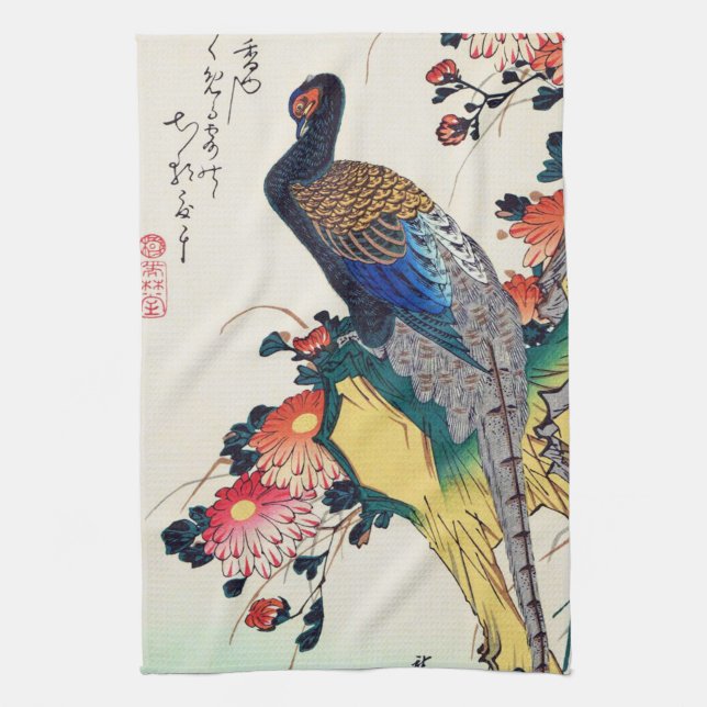 Pheasant and chrysanthemum, Hiroshige, Ukiyo-e Tea Towel (Vertical)